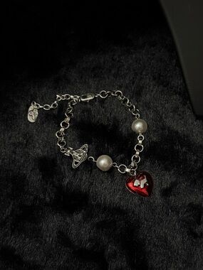 Red Heart Charm Pearl Detail Alloy Chain Bracelet New Y2K Gothic Daily Jewelry